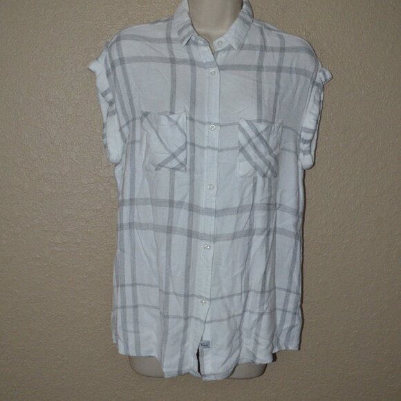 Sz S Rails White Gray Cap Sleeve Button Down Blouse - Picture 1 of 5